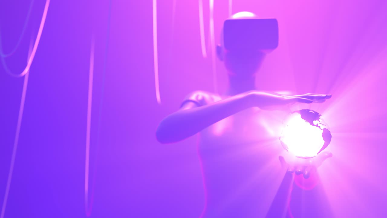 donna in occhiali vr tiene in mano un globo terrestre rotante luminoso, concetto di metaverso. spazio cibernetico al neon. rendering 3d cyberpunk ultravioletto. loopable