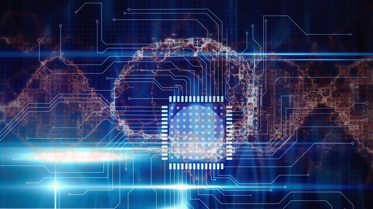 검은 바탕에 있는 컴퓨터 회로판 위의 디지털 뇌와 dna 스트랜드의 애니메이션