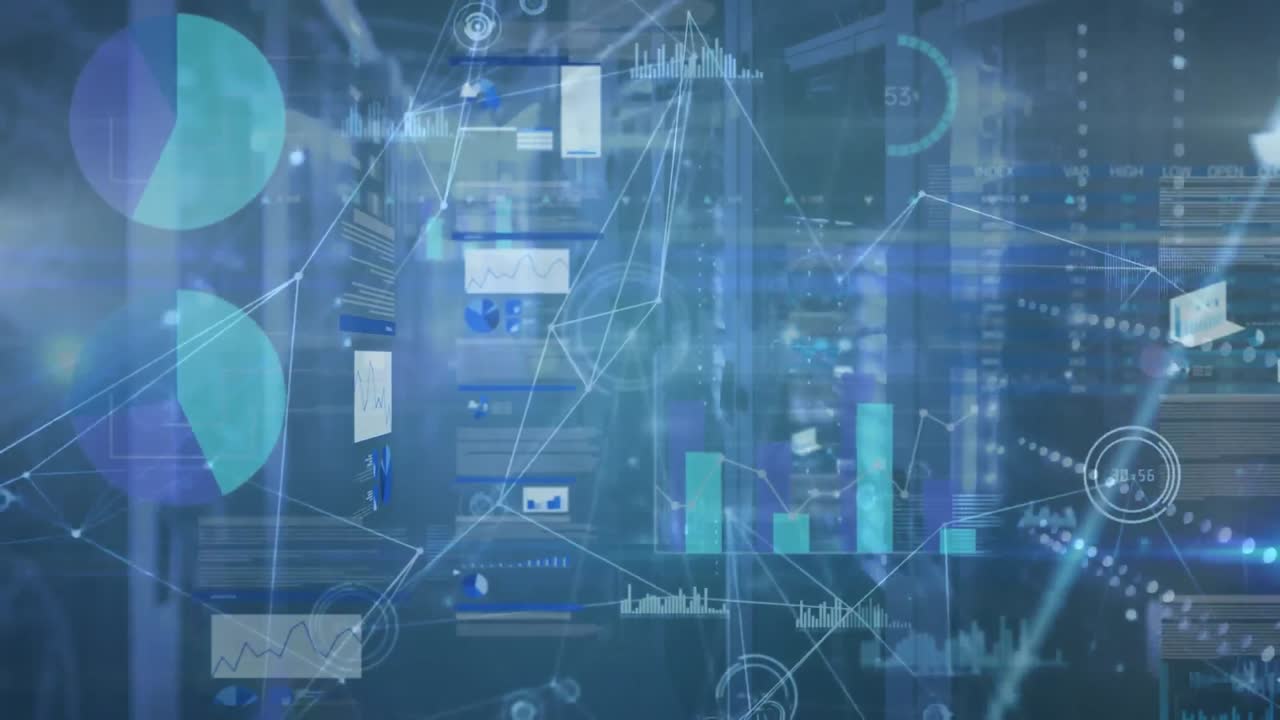 컴퓨터 서버와 함께 기술 방을 통해 연결 네트워크의 애니메이션과 데이터 처리가