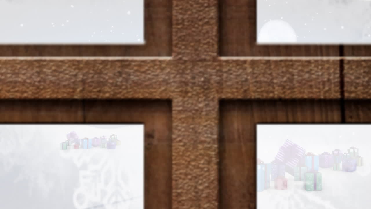 크리스마스 트리와 산타 슬레이가 창문을 통해 보이는 겨울 크리스마스 장면의 애니메이션