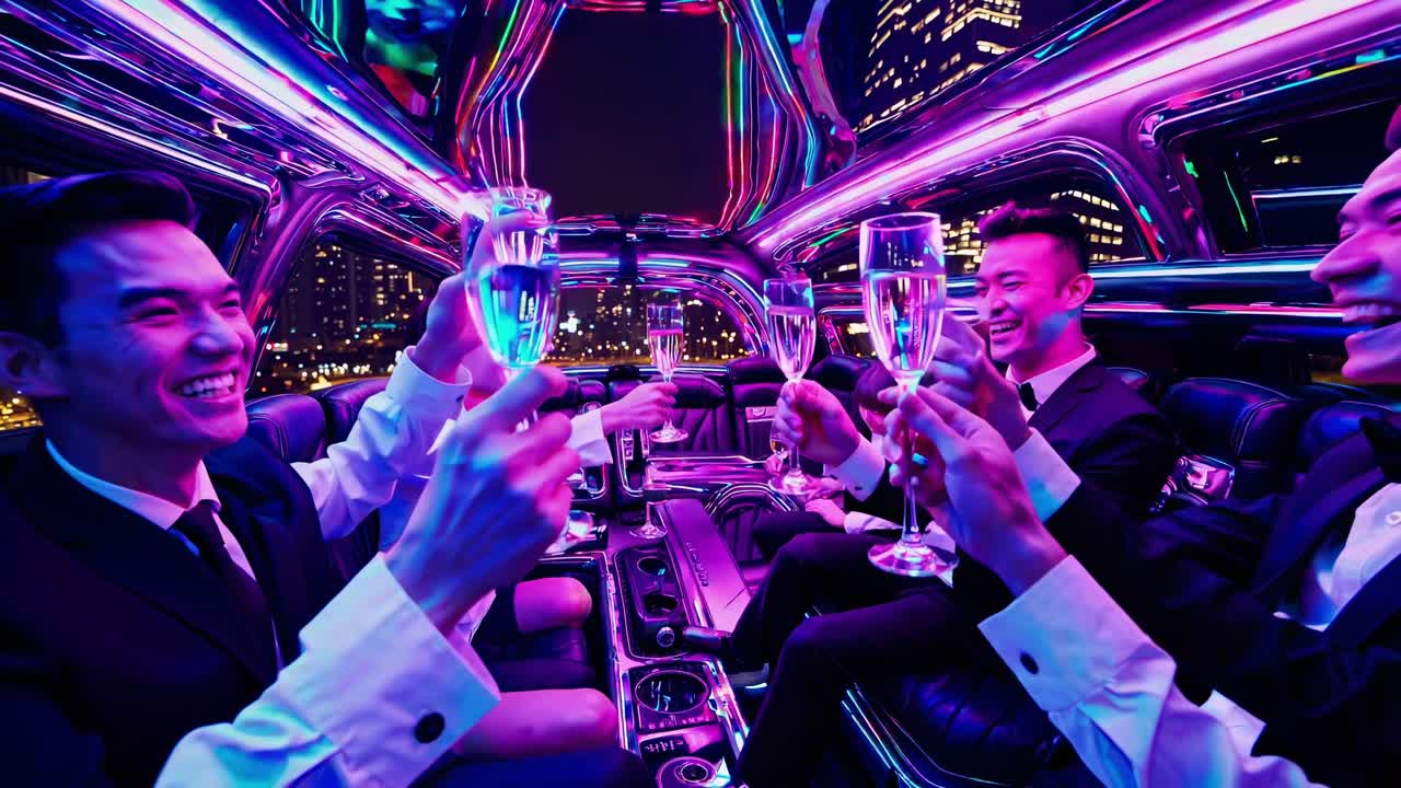 Professional businessmen celebrating corporate achievement, raising champagne glasses while enjoying luxurious nighttime limousine ride, displaying camaraderie and success with gleaming smiles