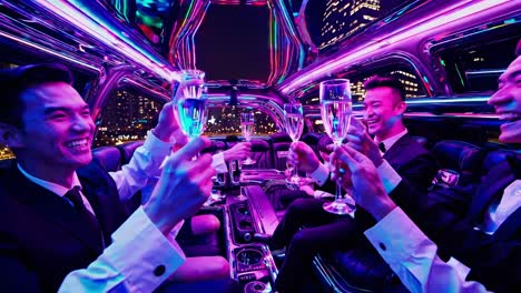 professional businessmen celebrating corporate achievement, raising champagne glasses while enjoying luxurious nighttime limousine ride, displaying camaraderie and success with gleaming smiles