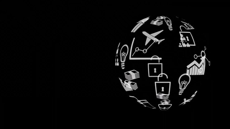 Animation of globe with icons and financial data processing on black background