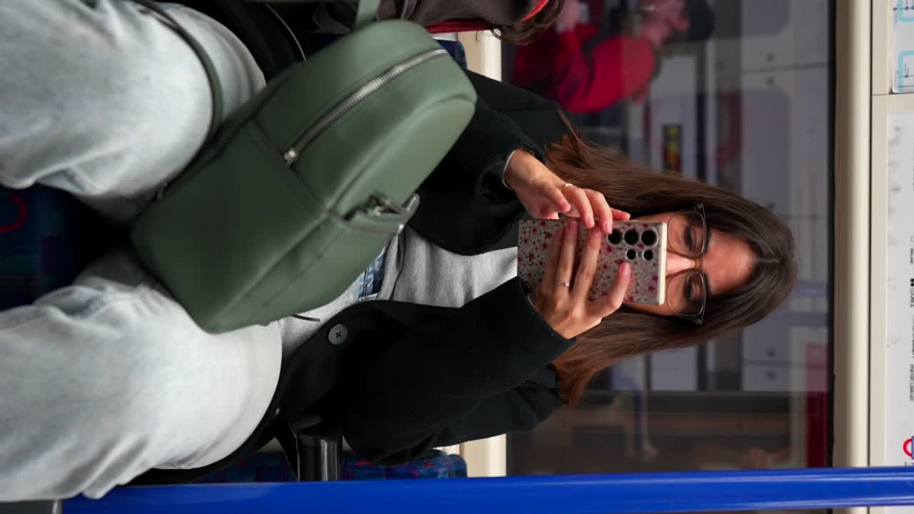 Woman sitting checking her phone and stations inside London subway train while others exit. Vertical