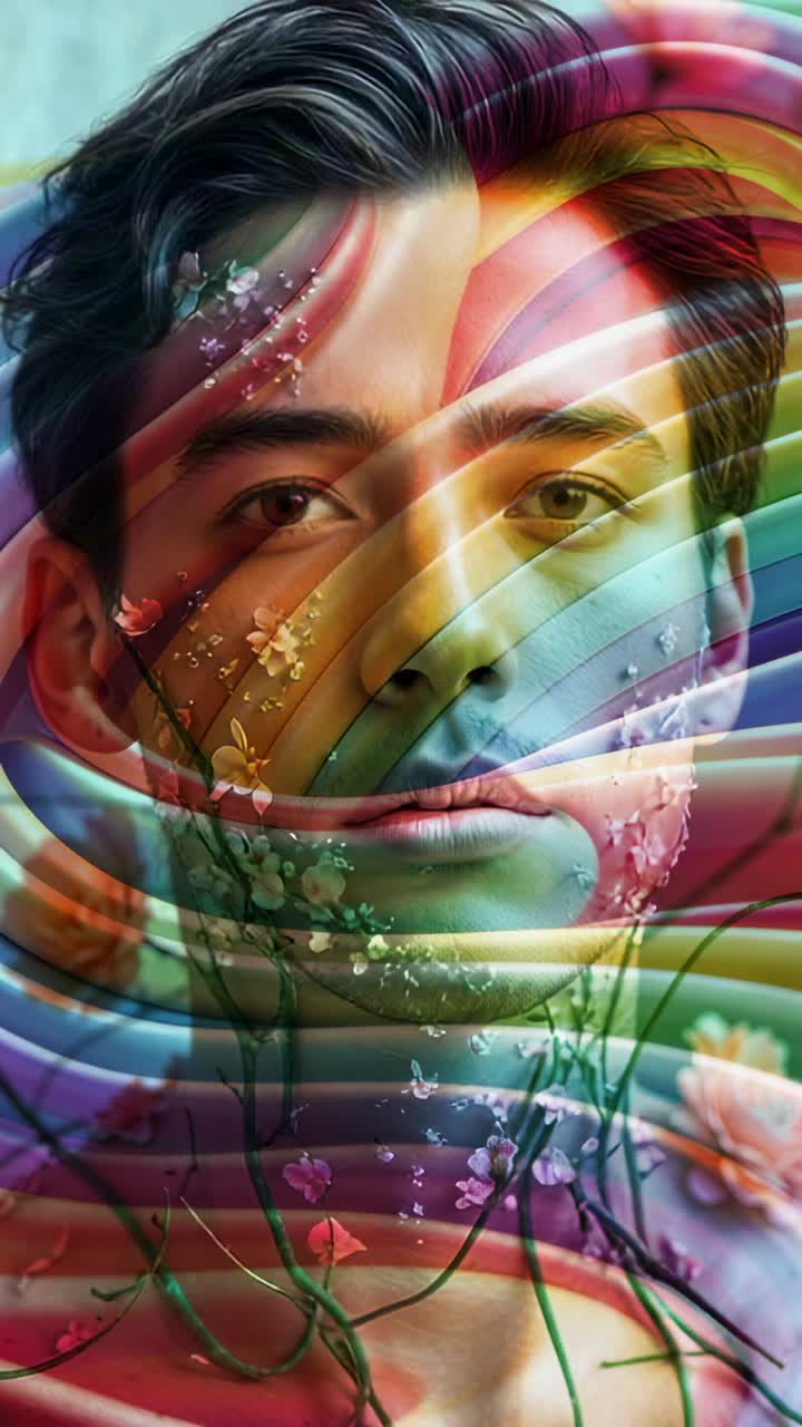 Vertical video: Shifting digital ribbons revealing Asian face in teal backdrop, with floral vines