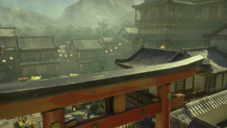 view of traditional japanese village with intricate architecture and mountains