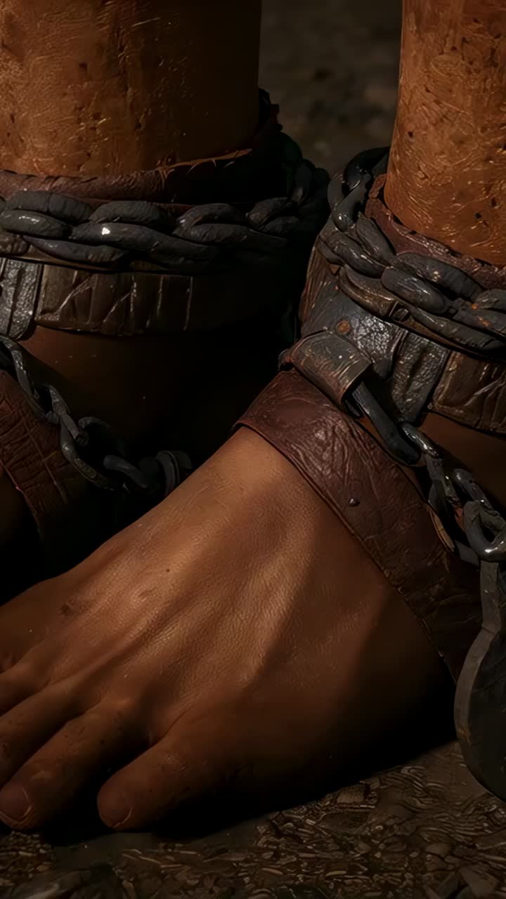 Vertical video: Showing bare feet testing leather cuffs on dirt with drifting dust, chain glinting