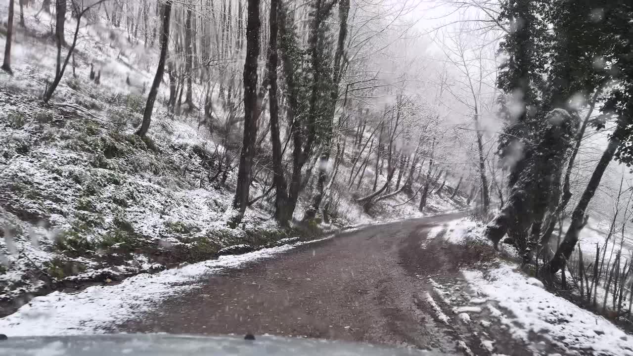 wet rainy Rural village countryside road gravel in deep forest mountain landscape and driving in Iran snowfall winter extreme cold Hyrcanian Gilan Rasht highland wooden fence agriculture hut cabin