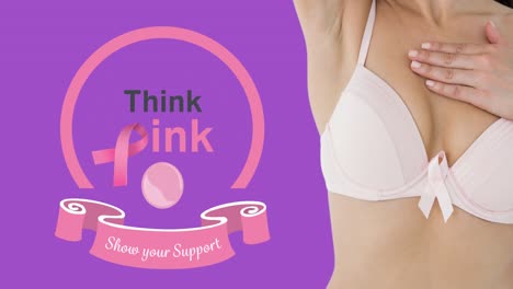 animation of breast cancer awareness text over caucasian woman