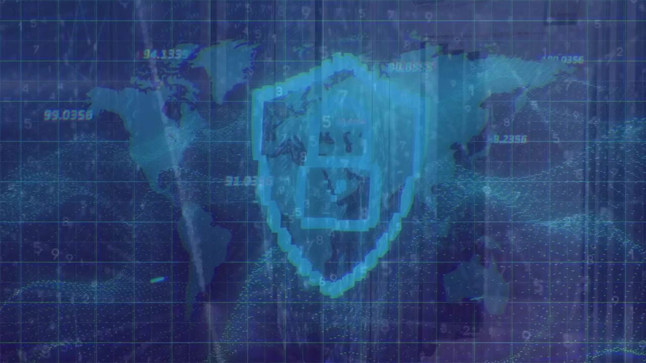 Particle streams converging on cyan grid map forming shield and pulsing bars protecting networks