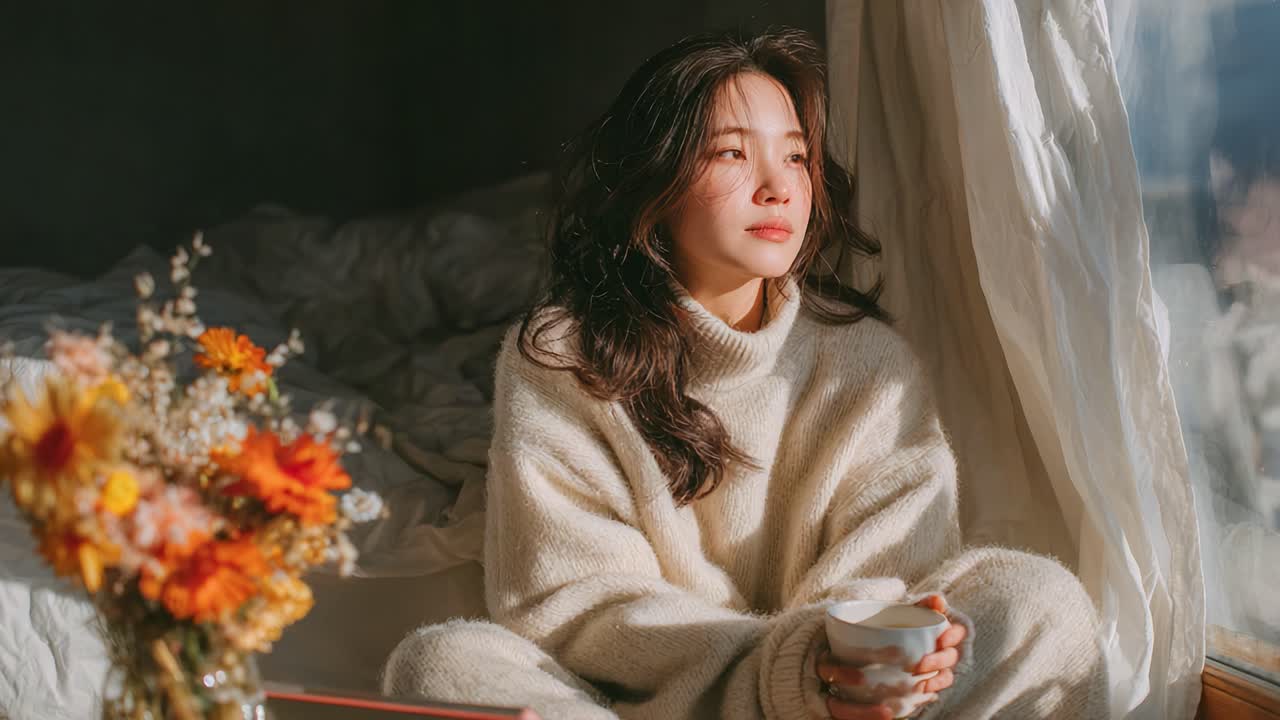 A Serene Moment: A Young Woman in Cozy Knitwear Enjoys a Calm Morning with a Cup of Tea Surrounded by Flowers and Soft Natural Light