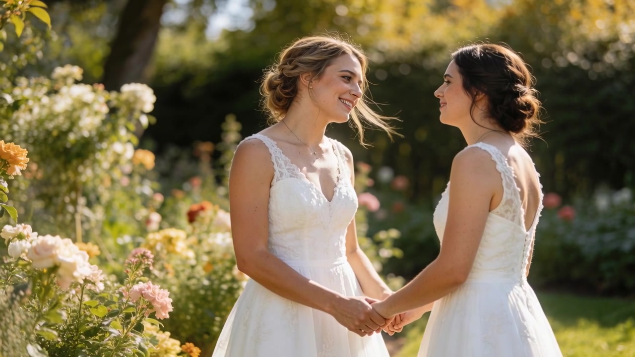 Smiling, two brides wearing wedding gowns holding hands starting with eye contact in rose garden