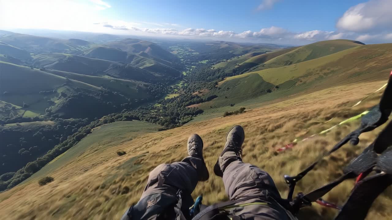 Soaring Above the Green Valleys: A Paraglider's Perspective on the Majestic Landscape Below, Capturing the Thrill and Serenity of Flight Amidst Nature's Breathtaking Scenery