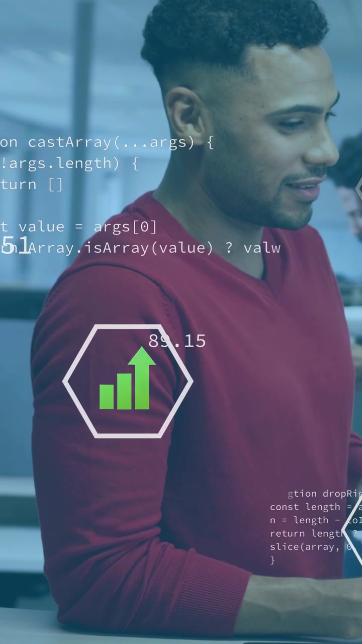 Vertical video: Male analyst gesturing at tablet offscreen, driving hex icons and reviewing data
