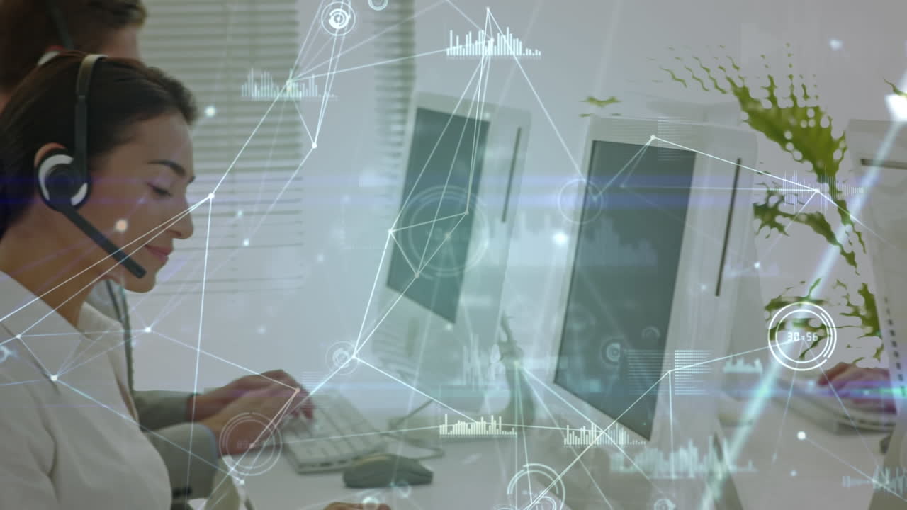 전화 헤드 ⁇ 을 사용하는 비즈니스 사람들을 통해 연결 네트워크의 애니메이션