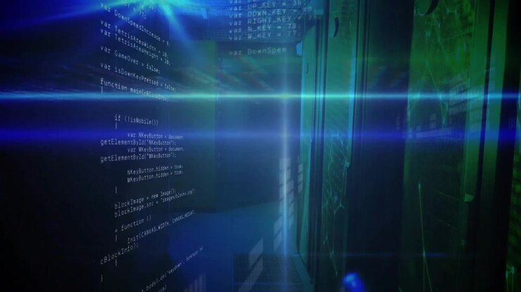On code reveal, JavaScript code flowing and fading over grid to reveal high-tech corridor