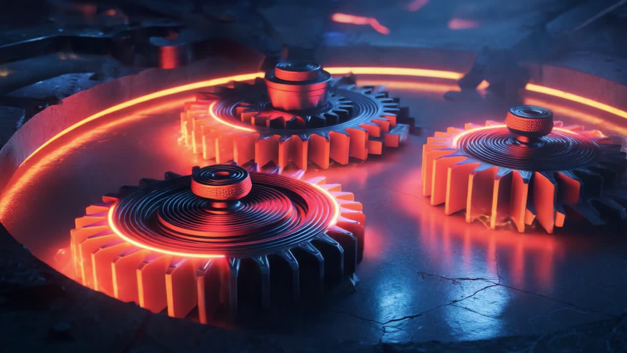 Industrial mechanism with multiple metal gears rotating in sync, illuminated by a glowing orange light inside a dark, futuristic engine, demonstrating precision engineering and teamwork concepts
