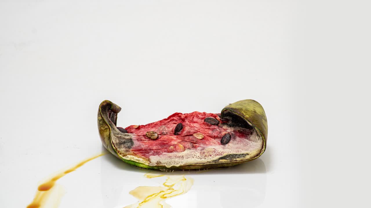 un pedazo de sandía madura podrida sobre un fondo blanco, lapso de tiempo, video cognitivo educativo