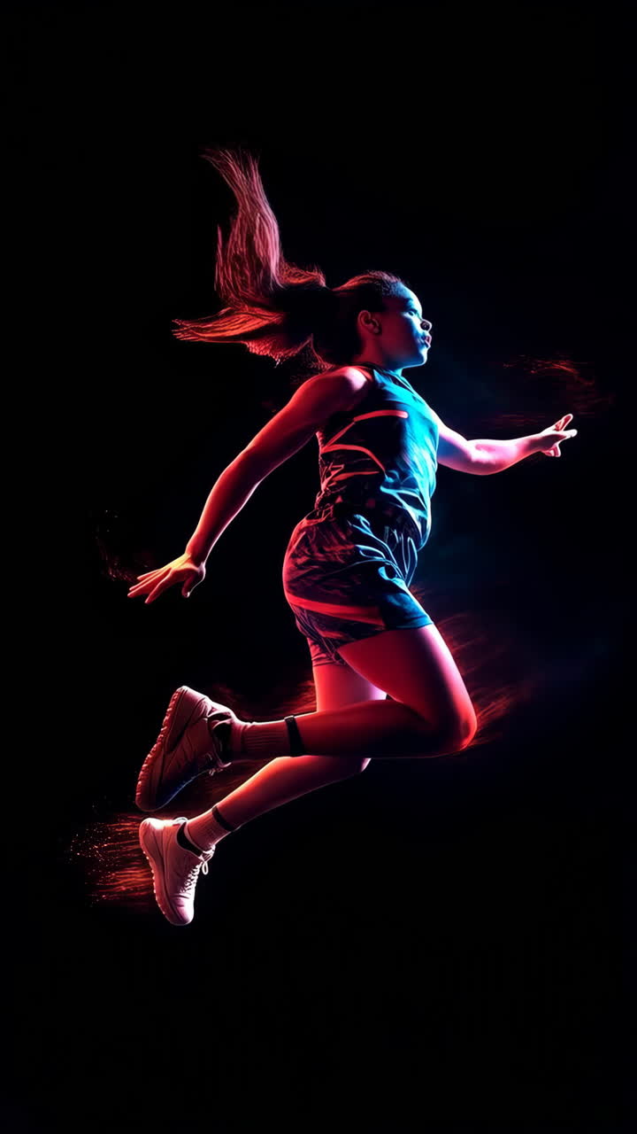 Dynamic Jump of an Athlete in Neon Light
