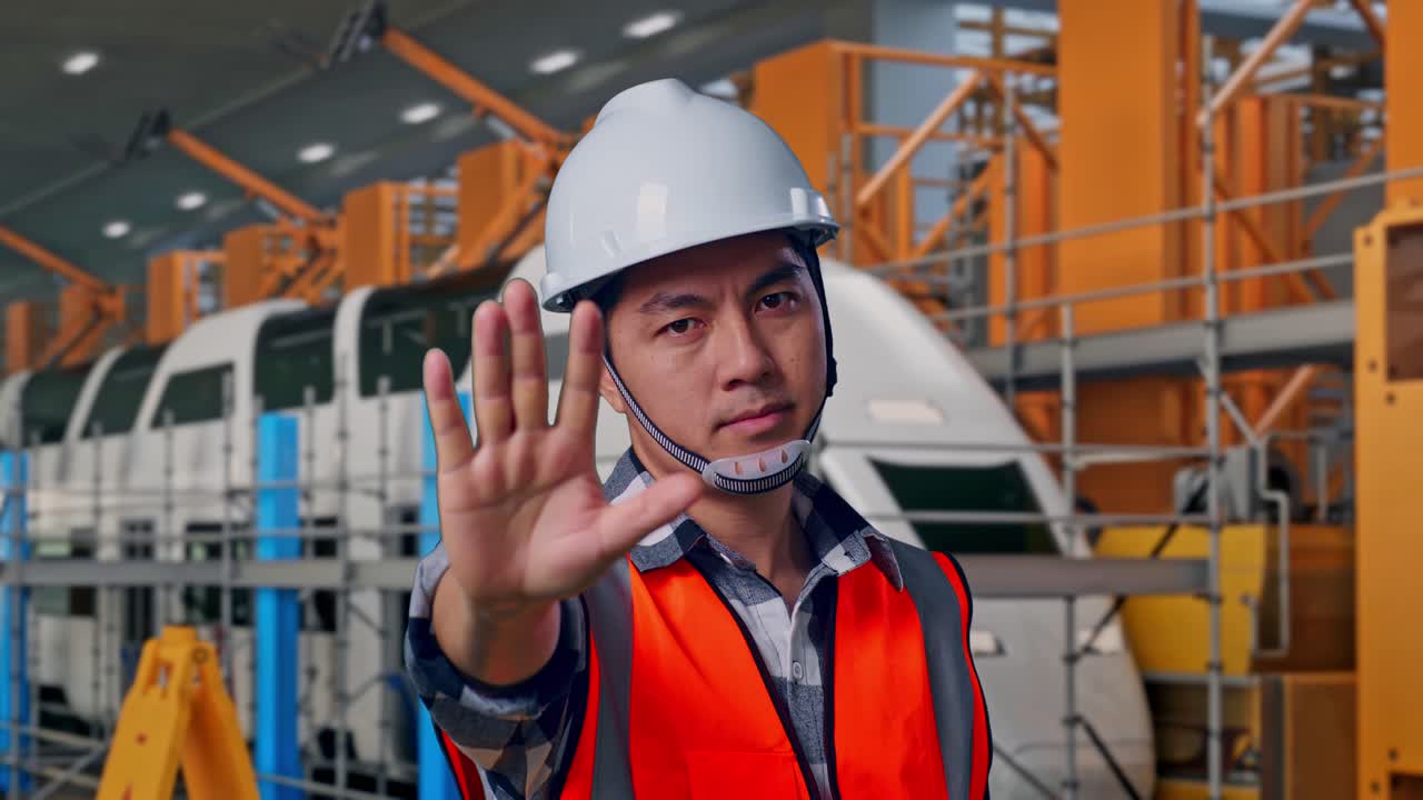 安全ヘルメットをかぶったアジア人男性エンジニアのクローズアップ。整備工場に立つ鉄道保守エンジニアを認めず、手で禁止のサインを示しています。