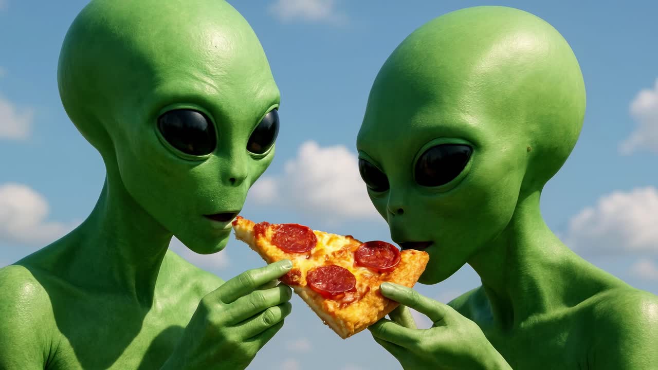 Two green aliens sharing a slice of pepperoni pizza under a blue sky