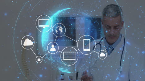 male doctor writing on clipboard in medical office, displaying holographic globe with tech icons