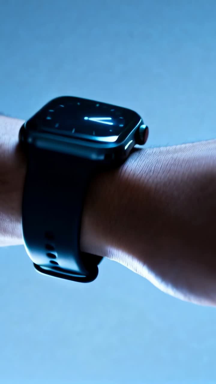 Vertical video: Clip start showing wrist rotating to reveal square watch face and crown at studio