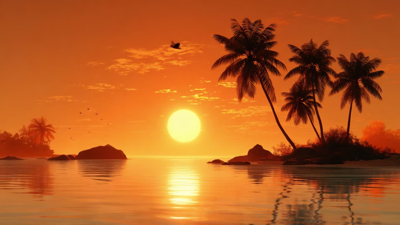 Serene Sunset Over Tropical Paradise: A Tranquil Scene of Silhouetted Palm Trees and Reflective Waters Embracing the Golden Horizon in Dusk's Warm Glow