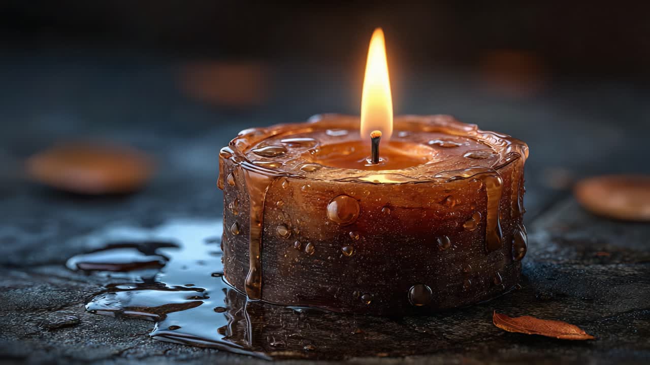 A Serene Candle Glows Gently as Wax Melts Alongside, Creating a Tranquil Atmosphere with Soft Reflections and a Touch of Nature's Beauty in the Background