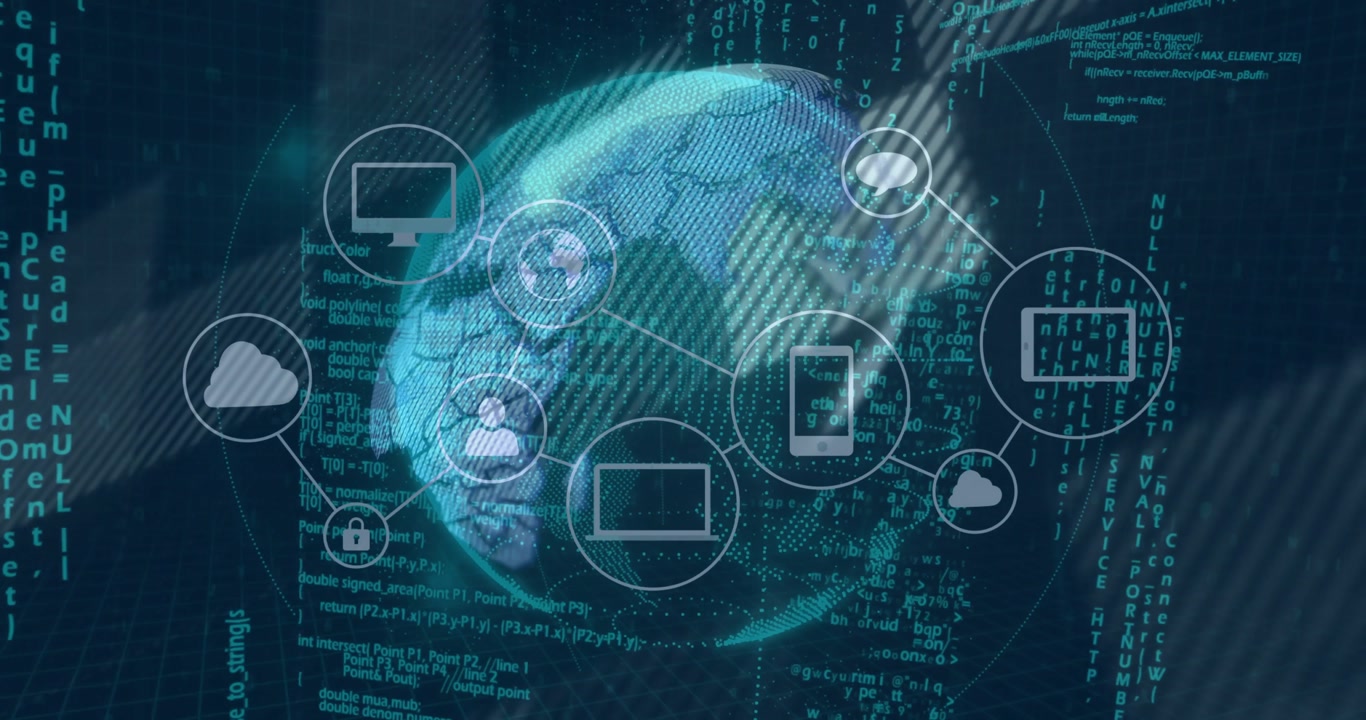 Upon code stream starting, globe and icons emerging, linking, moving and pulsing for secure network