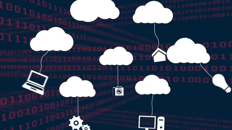 Animation of cloud icons and data processing over dark background