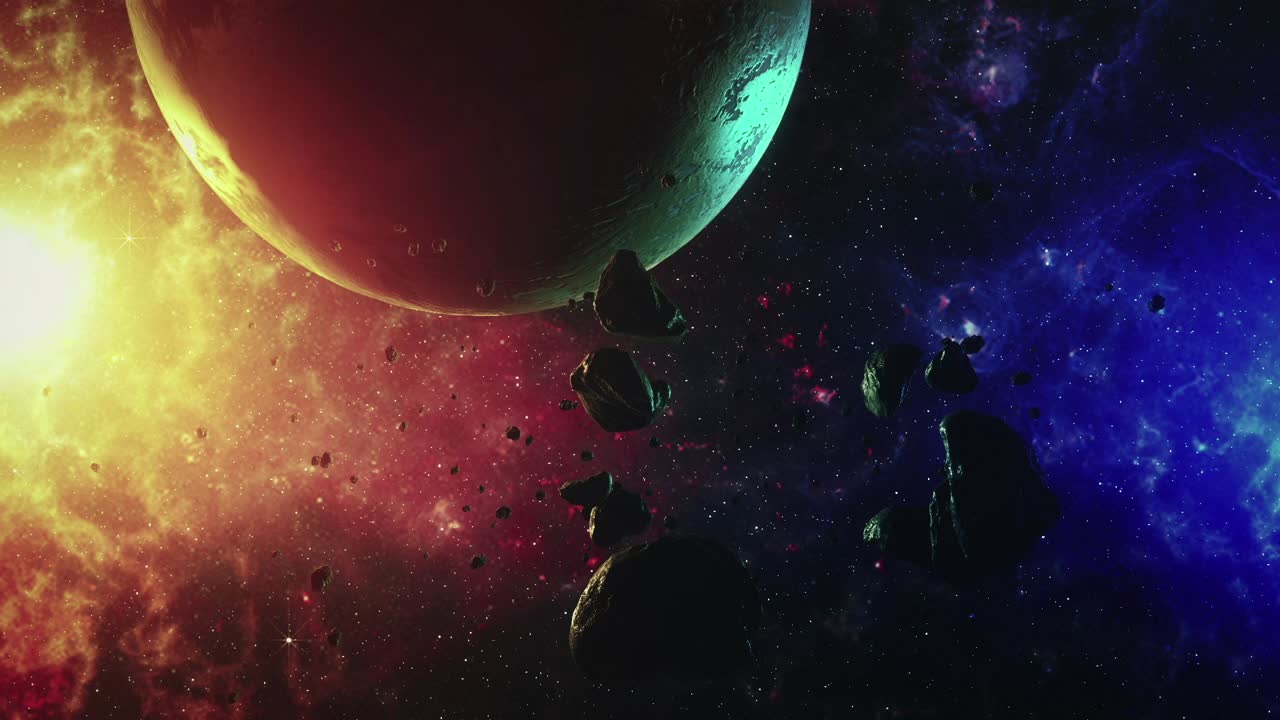 A planet in space with asteroids and nebula