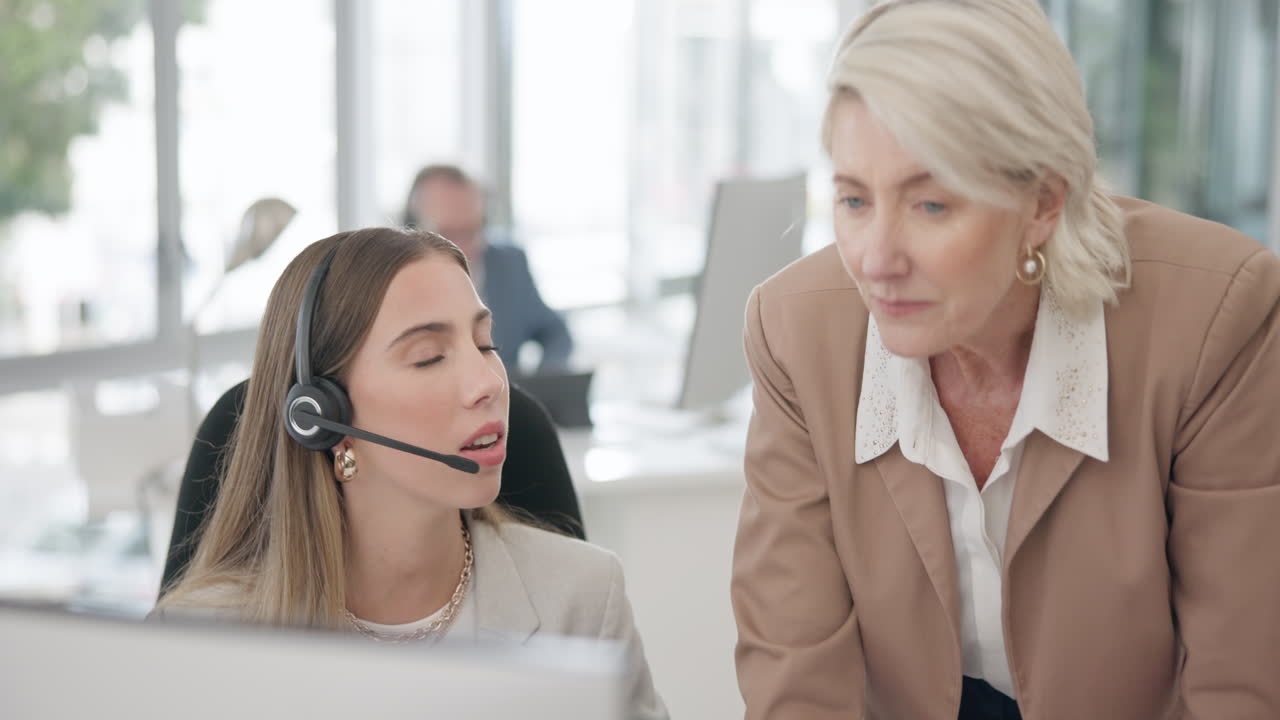 Call center, women and training with computer