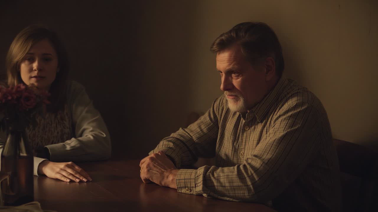 Shifting woman touching vase and turning to man causing plaid-shirt man listening at dining table