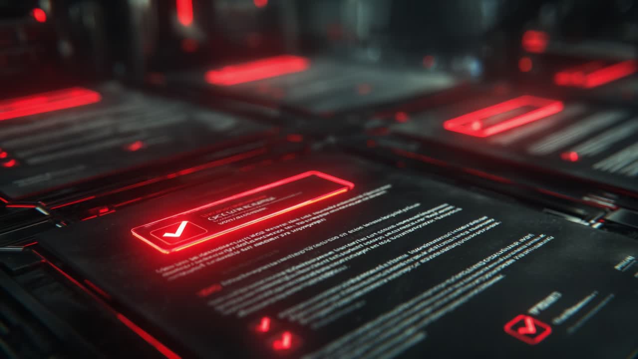 A Futuristic Data Display Featuring Red-Illuminated Interface Panels with Verification Messages and Updated Information in a High-Tech Environment