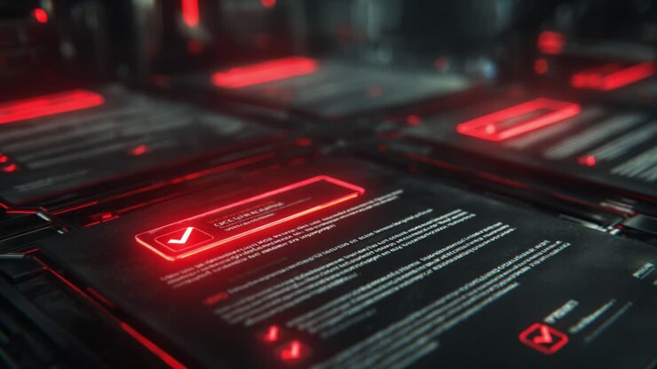 A Futuristic Data Display Featuring Red-Illuminated Interface Panels with Verification Messages and Updated Information in a High-Tech Environment