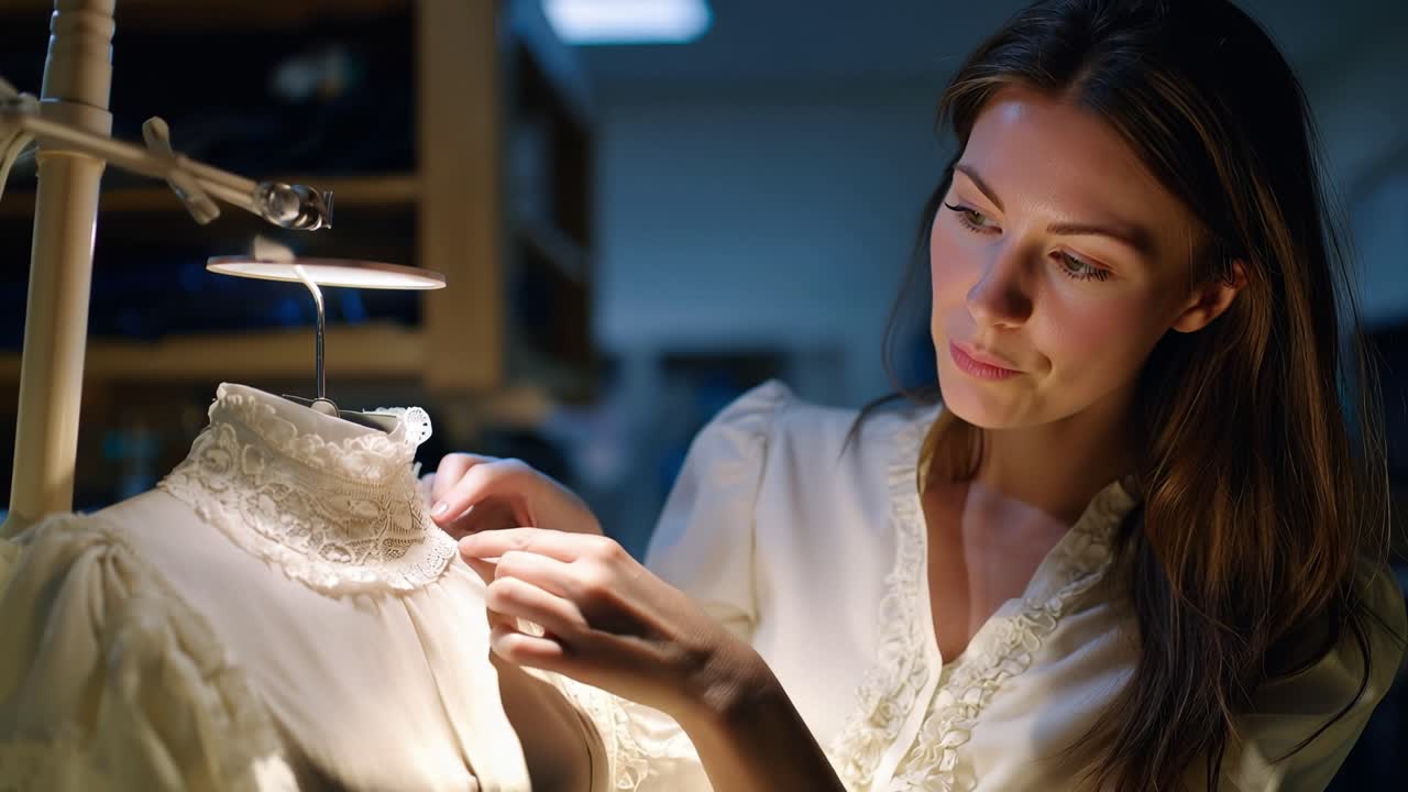 Soft light illuminates delicate lace collar. Woman examines garment with gentle focus. Her expression suggests quiet admiration or care. Ideal for fashion, textile, or vintage theme projects