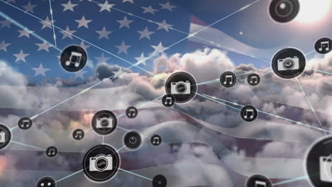 animación de la red de conexiones de iconos con cámaras y notas sobre la bandera de los estados unidos y las nubes