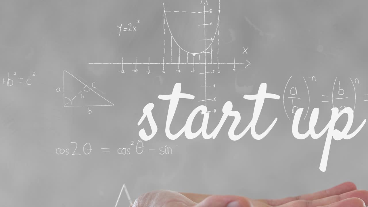 Animazione di un banner di testo 'startup' e equazioni matematiche che fluttuano su sfondo grigio.