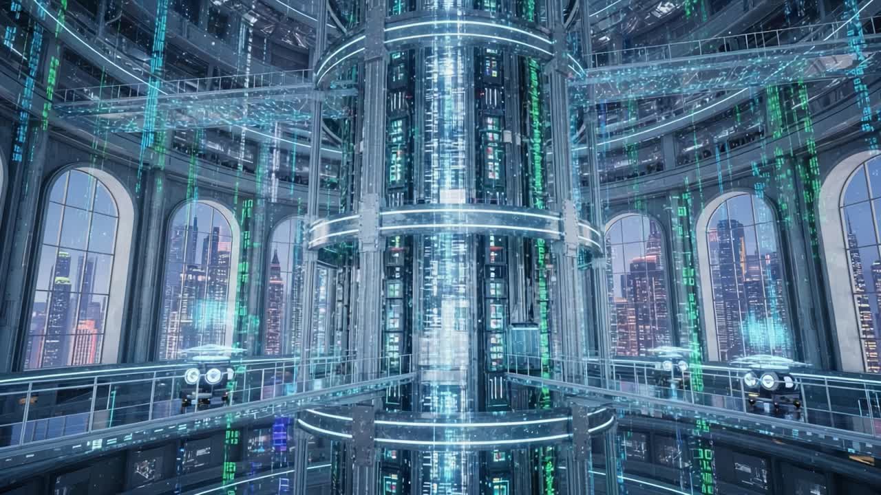 Futuristic Digital Space: A Glimpse into a High-Tech Environment Filled with Data Streams and Smart Technology in an Urban Landscape