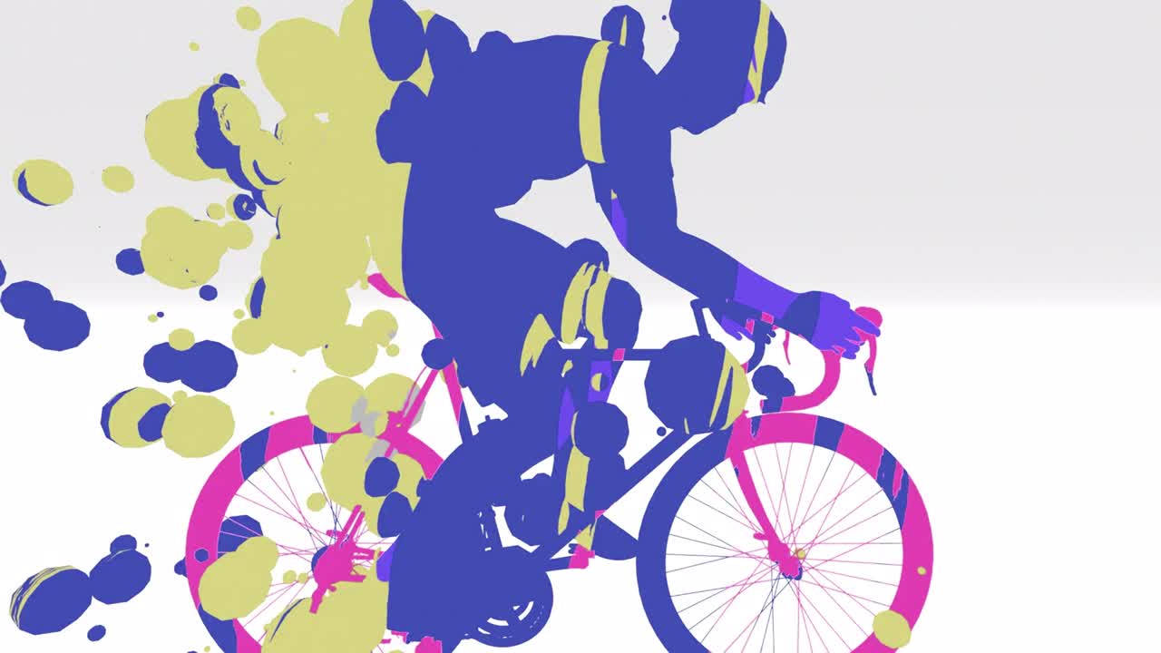 2d 추상 애니메이션 개념 비디오는 스포츠 운동 선수 자전거 타는 그의 몸에서 방출 입자와 함께 알파 채널을 가진 그래픽 요소를 보여줍니다.