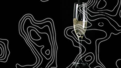 animation of champagne pouring into glass, with moving topographical chart on black background