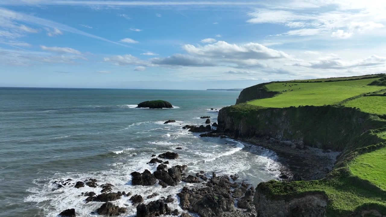 Episke irske luftoptagelser af et langsomt havlandskab over frodigt landbrugsland med en flok kvæg, vild kystlinje, Atlanterhavet, en sommerstemning i Waterford, Irland.