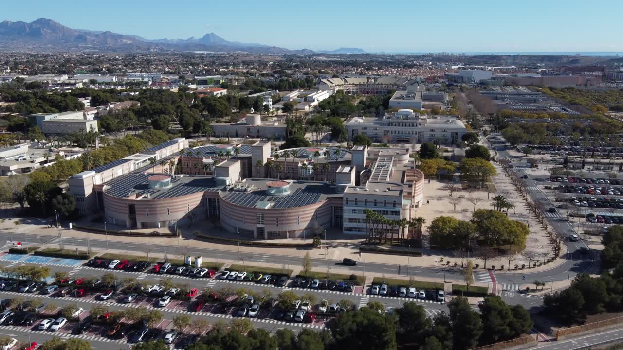Aerial establishing shot of the University of Alicante campus, Spain