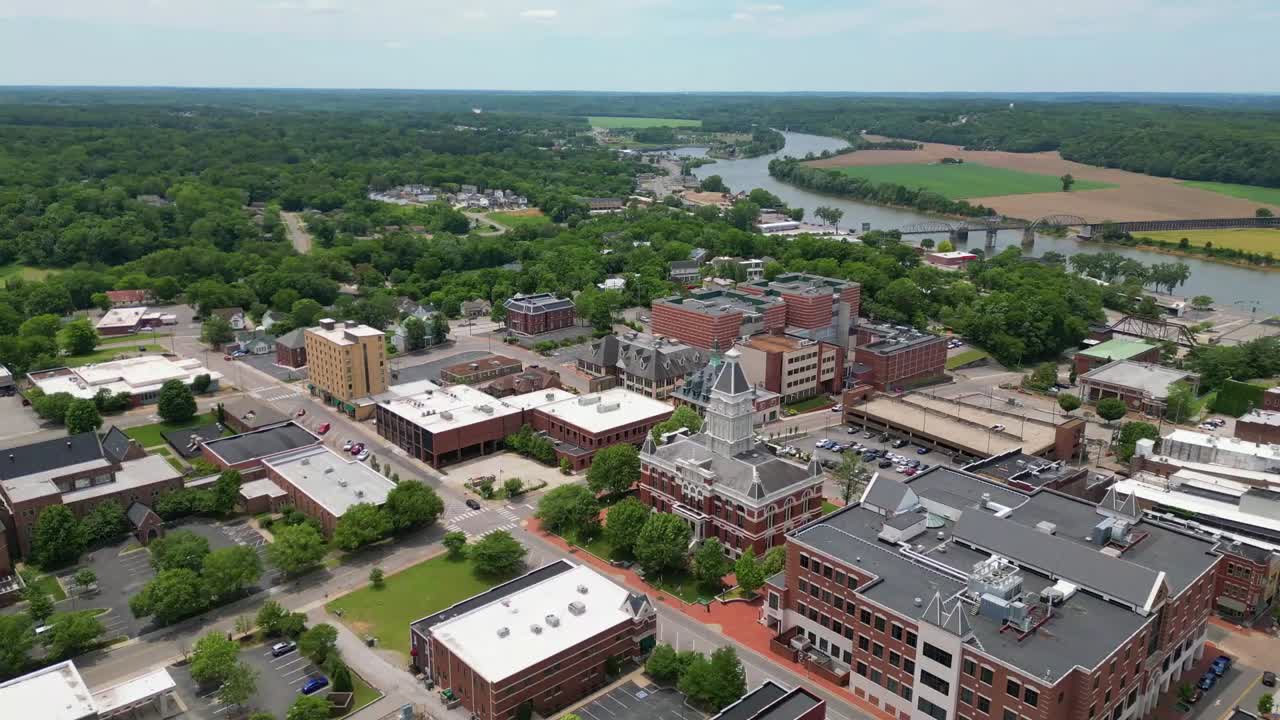 Aerial orbit of downtown Clarksville Tennessee