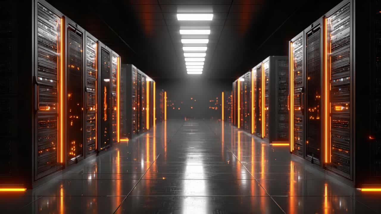 A Glimpse into a High-Tech Data Center: Illuminated Server Racks Create a Futuristic Environment for Modern Computing Tasks and Data Management Operations