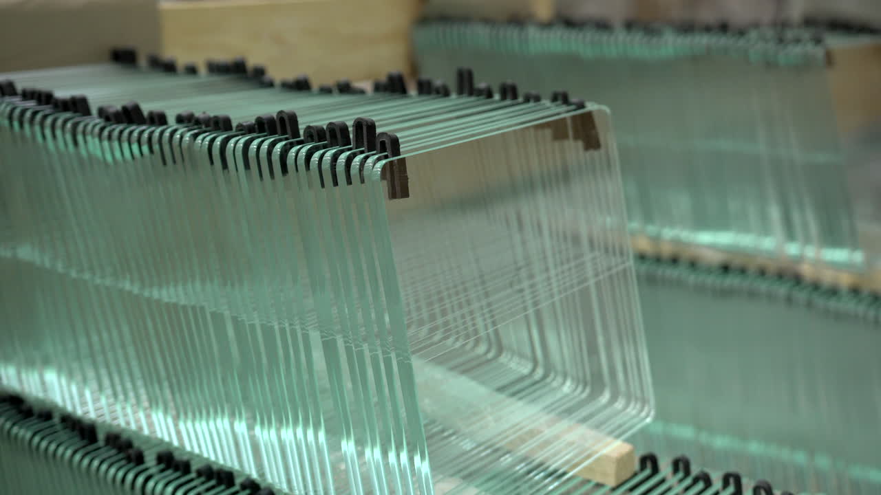 둥근 모서리가 있는 작은 사각형 모양의 유리 제품이 창고에 줄지어 쌓여 있습니다.