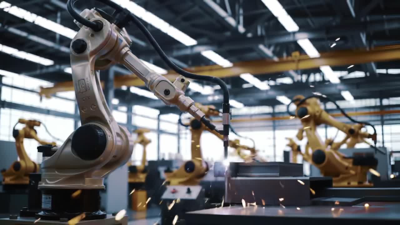 Automated Industrial Robotics in Action: Precision Manufacturing and Welding Techniques Demonstrated in a Modern Production Facility
