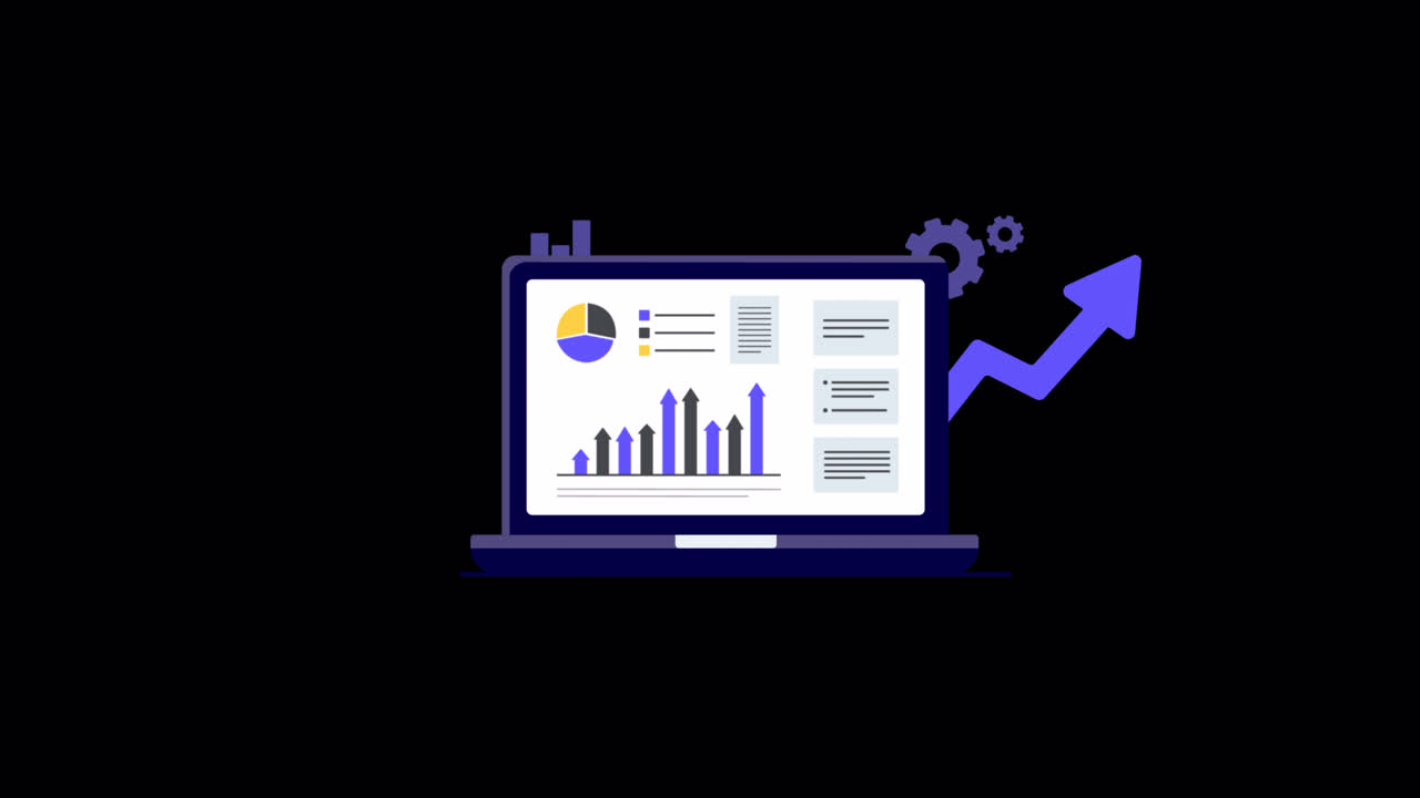 Animated Laptop Screen Displaying Data Analysis and Business Growth