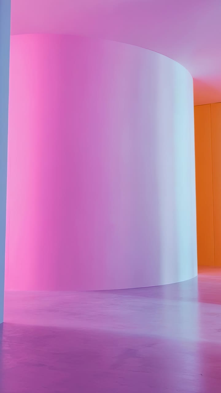 Vertical video: Colored lights bathing wall and panel in gallery with magenta white orange lighting
